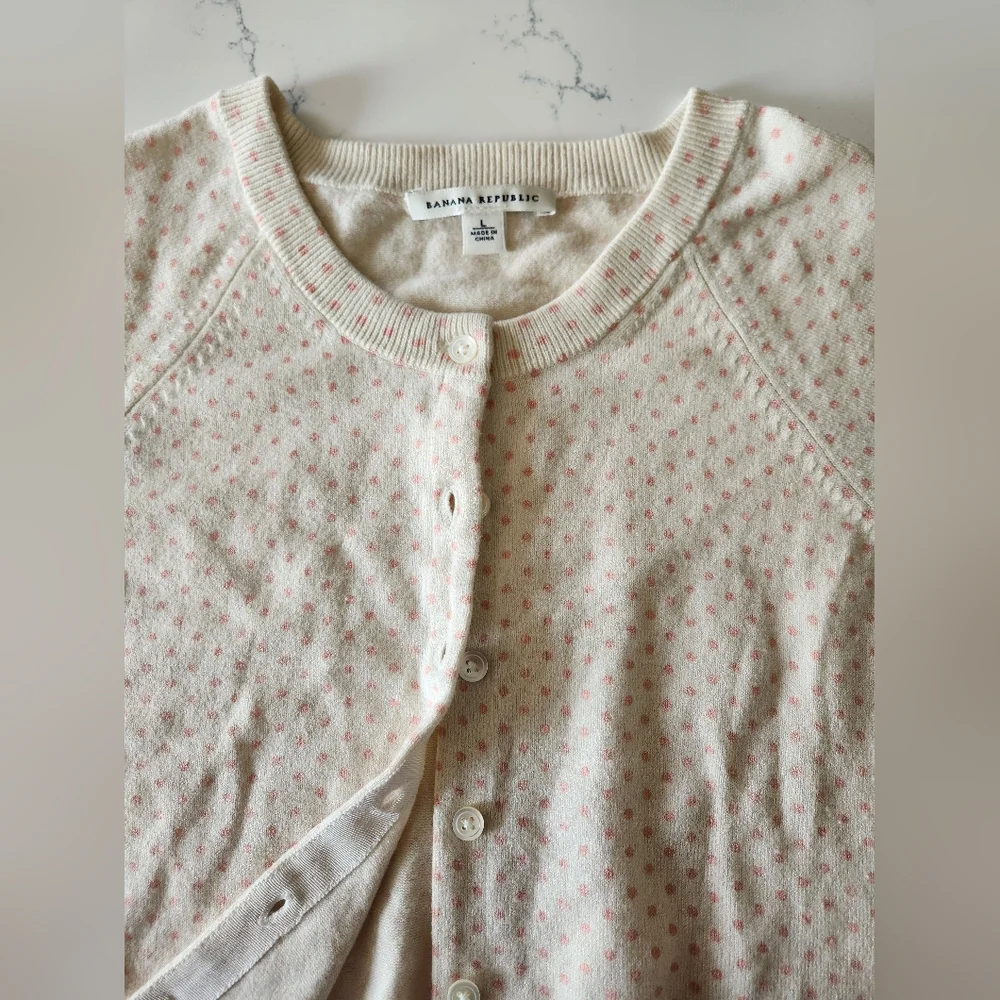 Banana Republic Silk Blend Cardigan L White Pink Polka Dots - Picture 4 of 8